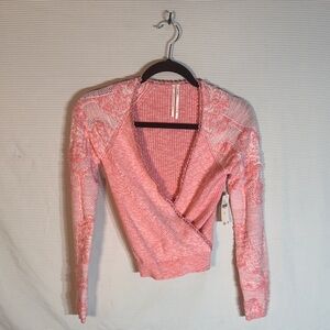 Anthropologie V- Neck Cropped Pink Lace Wrap Sweater- Size XS